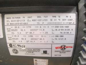 MOTOR, ELECTRIC TYPE, 25 HORSEPOWER, 208-230/460 ELEC RATING, 1770 RPM, 284T FRAME, 66-59/29.5 AMPS, TEFC ENCLOSURE, 1.25 SERVICE FACTOR. PART # H17446A (W-44) LOADING & HANDLING FEE $15-
